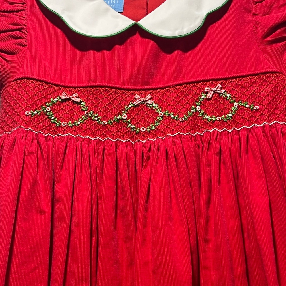 Red Smocked Corduroy Dress with White Collar, Christmas Accent, Size 4T - Picture 2 of 4